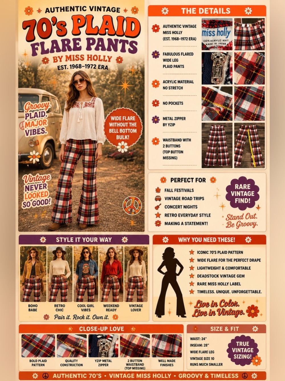 Vintage 1960s/70s Petite Plaid Flared Pants 24”x28”